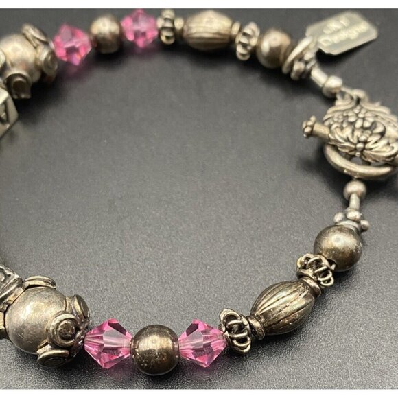 Sterling Silver "Alexis" Bracelet Beaded Charm Pink Crystal Toggle 7" JM Designs - Picture 3 of 8